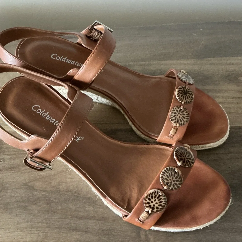 Coldwater Creek Wedge‎ Espadrille Brown Leather Sandal Size 9